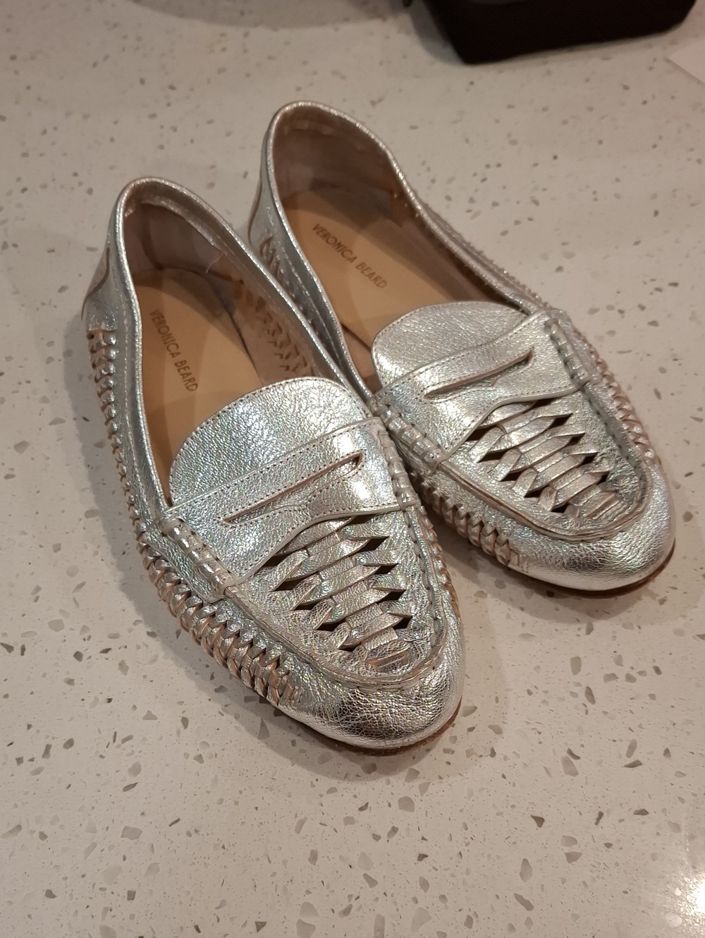Veronica Beard Woven Silver Loafers Size 8.5